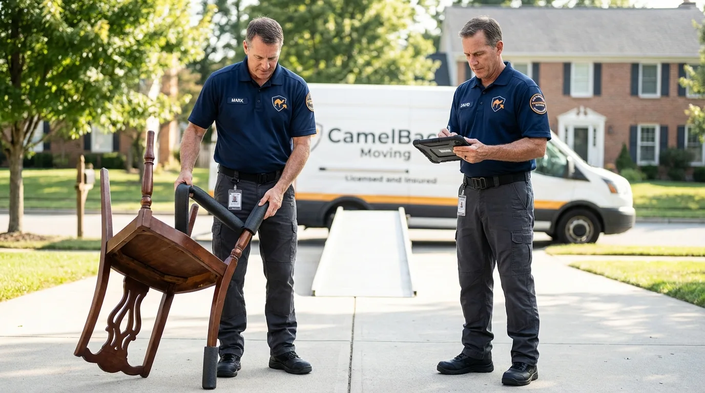 Movers inspecting furniture for damage prevention before loading in Plain City, OH
