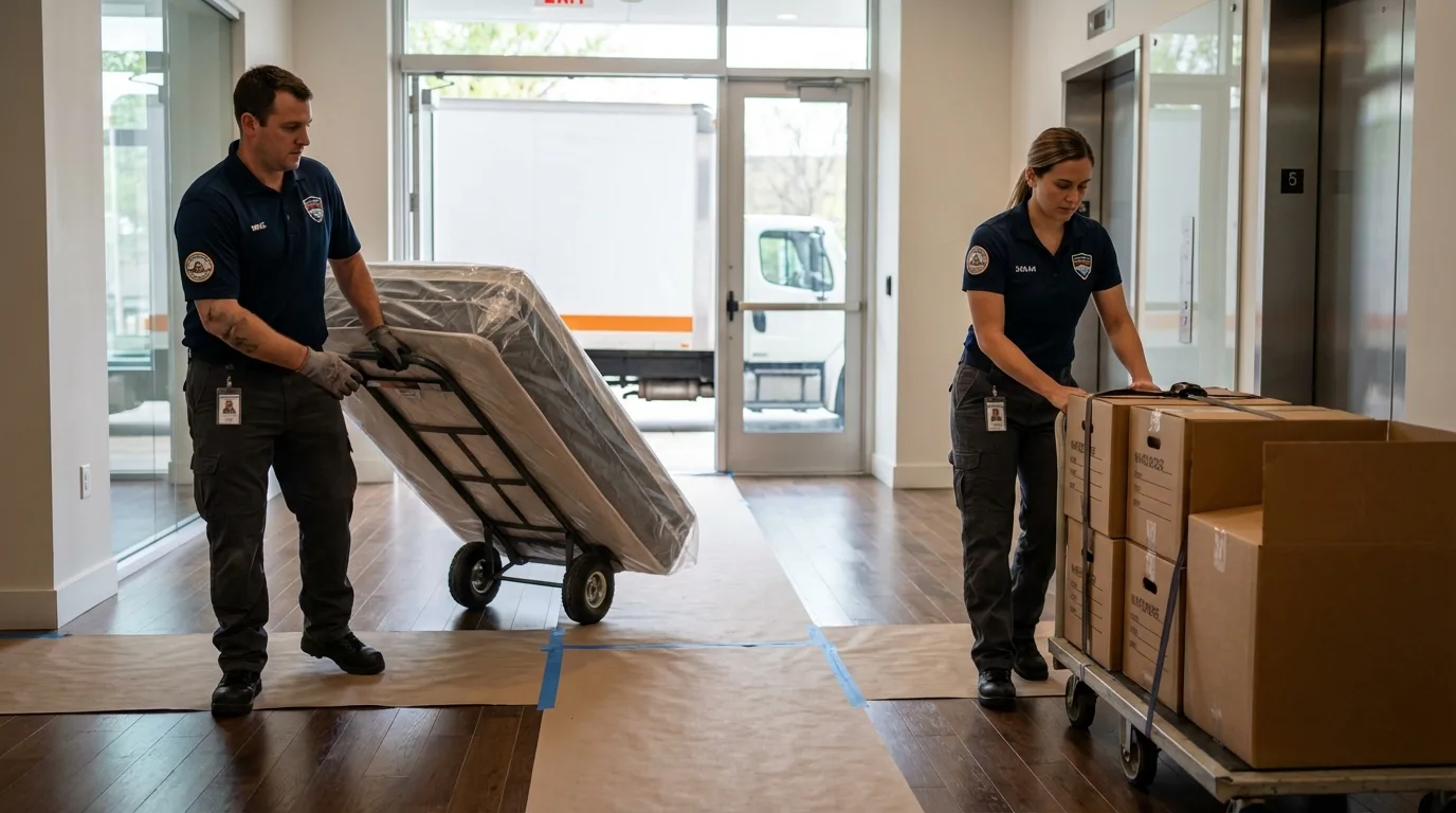 Professional apartment movers loading elevator in Plain City, OH
