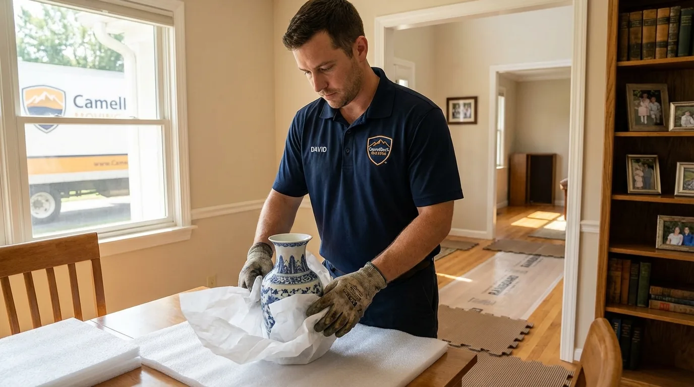 Professional crew carefully wrapping antique vase for senior downsizing move in Plain City, OH